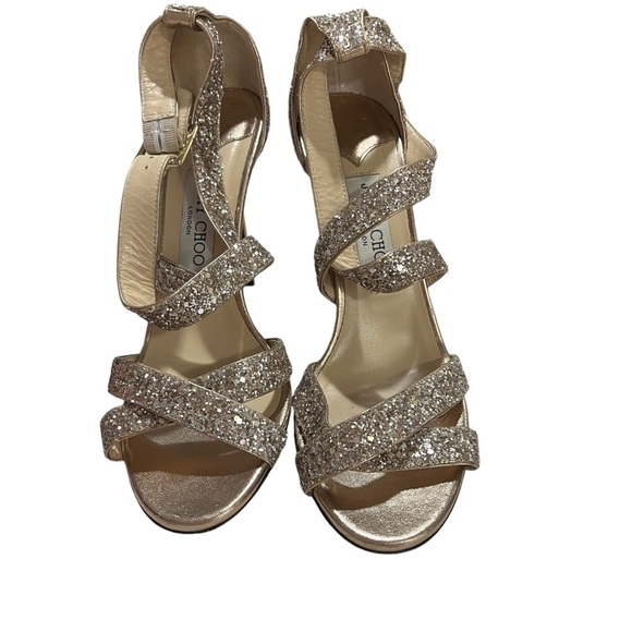 Jimmy Choo Lottie Antique Gold Glitter Heels Strappy Sandals Size 38.5 - Picture 3 of 13